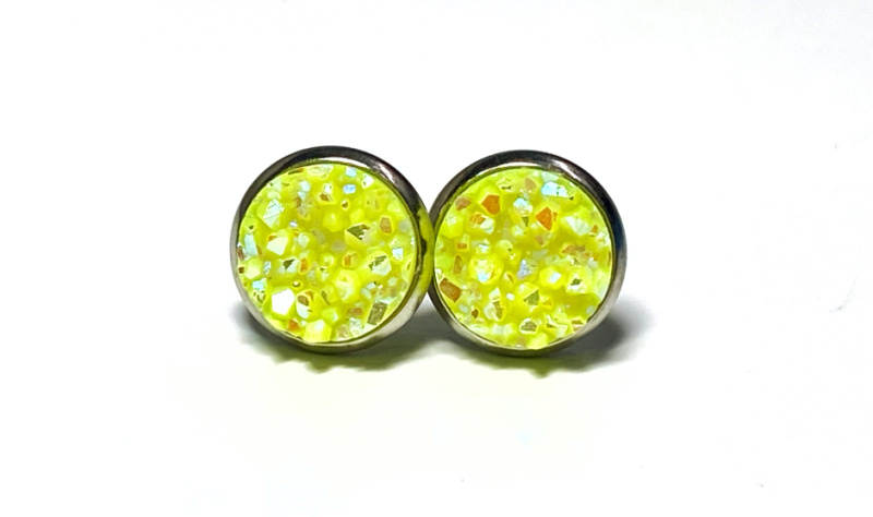 10mm Neon Yellow Geode Earrings