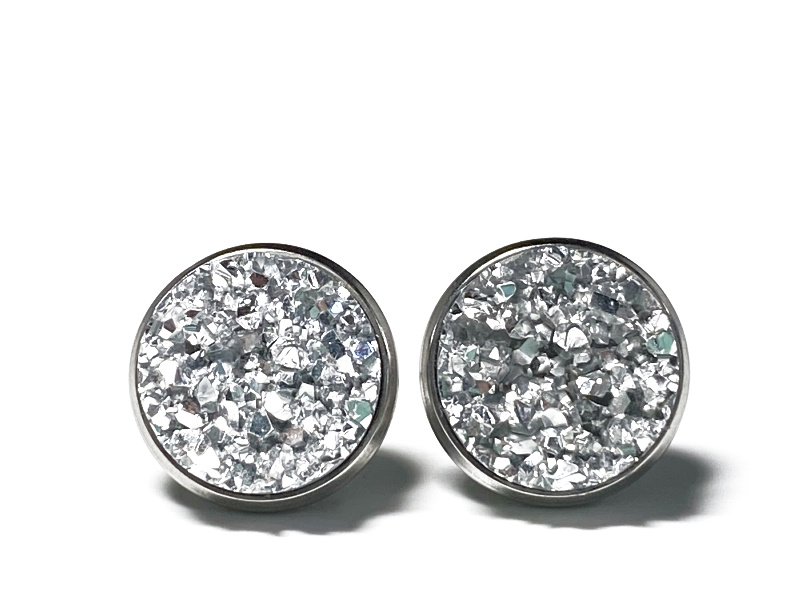 12mm Bright Silver Geode Earrings