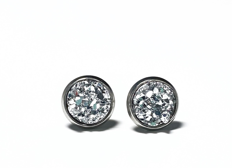 8mm Silver Geode Earrings