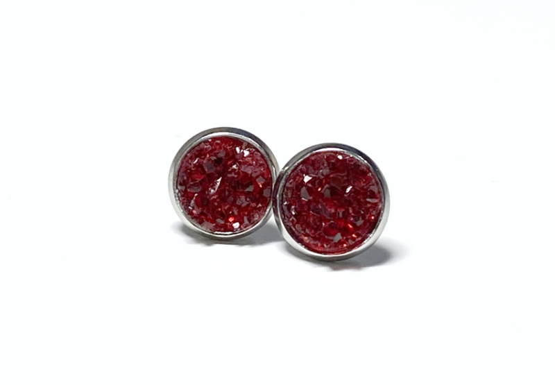 8mm Ruby Red Geode Earrings
