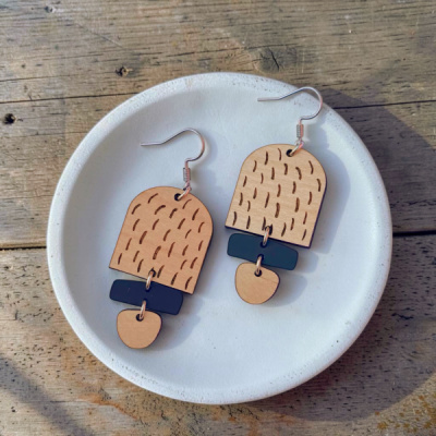 Abstract Confetti Arches Wood Acrylic Dangle Earrings