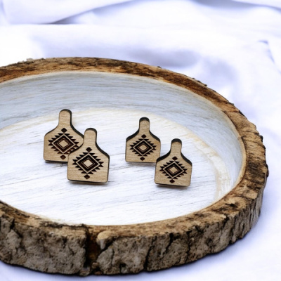 Aztec Cow Tag Wood Stud Earrings