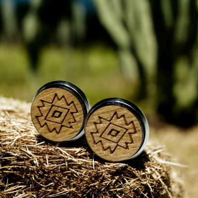 Aztec Round Wood Stud Earrings