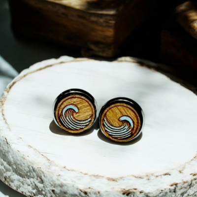 Blue Waves Wood Stud Earrings