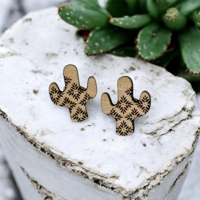Cactus Engraved Wood Stud Earrings