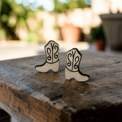 Cowboy Boots Engraved Wood Stud Earrings