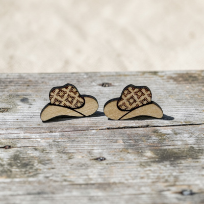 Cowboy Hat Engraved Wood Stud Earrings