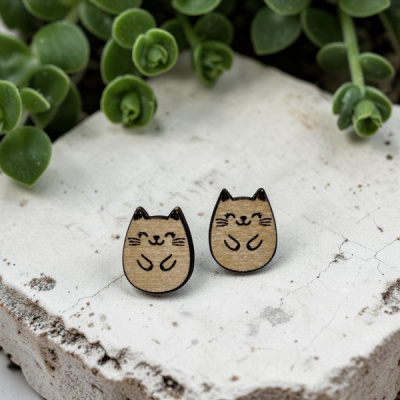 Cute Kitties Wood Stud Earrings