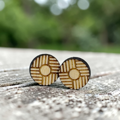 Geometric Engraved Round Wood Stud Earrings