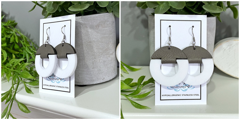 Grey Leather White Acrylic Earrings