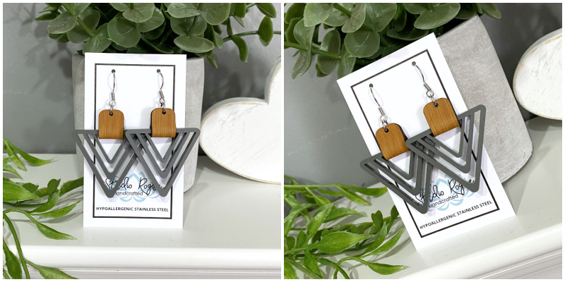 Grey Triangles with Leather Earrings