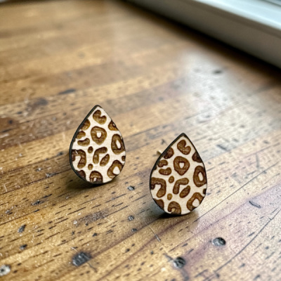 Leopard Drop Wood Stud Earrings