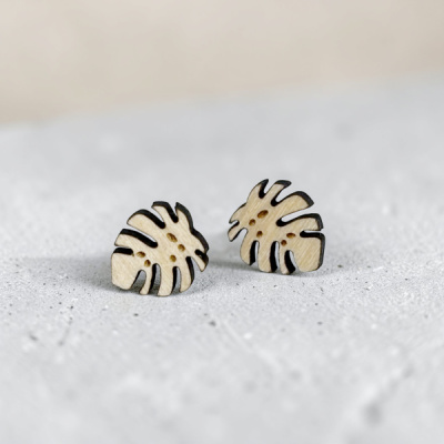 Monstera Leaf Wood Stud Earrings