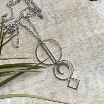 Silver Geometric Diamond Long Necklace
