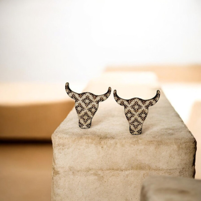 Southwestern Cow Skull Wood Stud Earrings