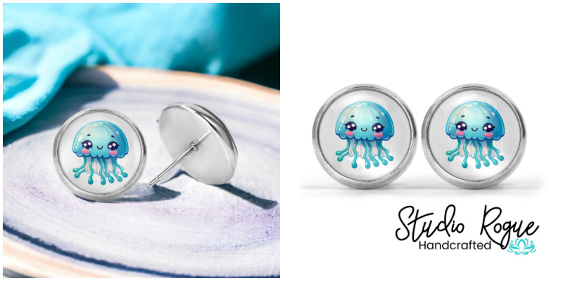 Blue Jellyfish Image Earrings