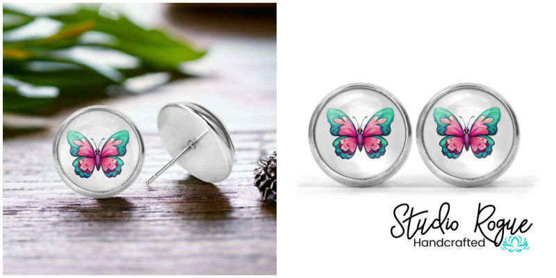 Pink Butterlfy Image Earrings