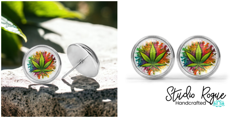 Rainbow Cannabis Leaf Image Earrings