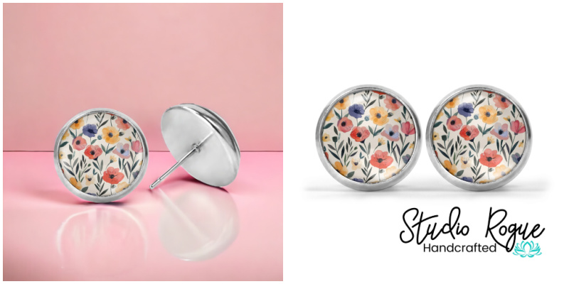 Cream Poppy Floral Image Earrings