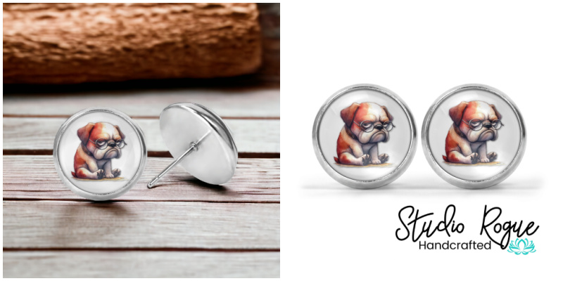 Grumpy Bulldog Image Earrings