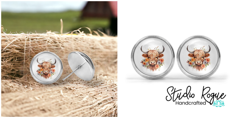 Highland Cow Floral Image Earrings