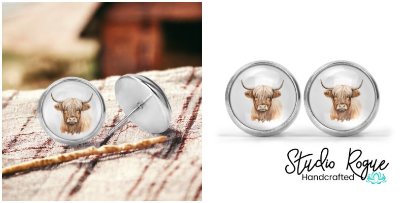 Floral Highland Cow Image Earrings