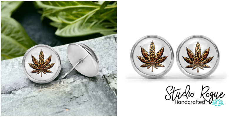 Leopard Cannabis Leaf Image Earrings