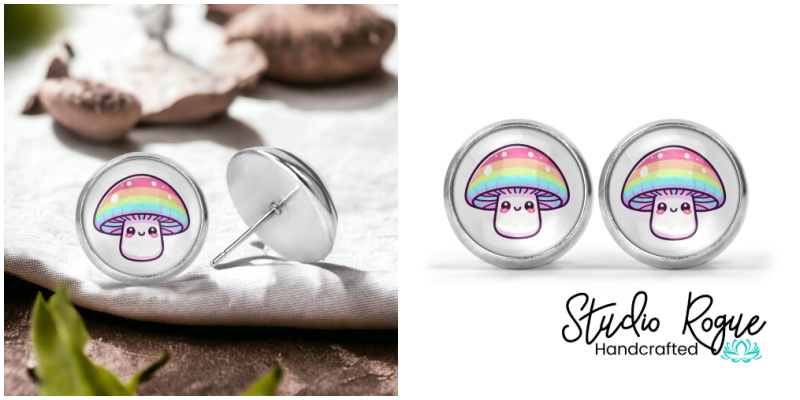 Rainbow Mushroom Image Earrings