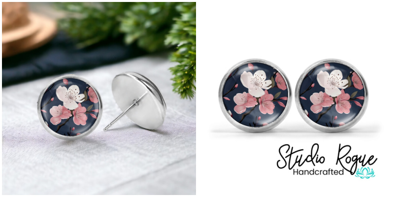 Navy Floral Image Earrings