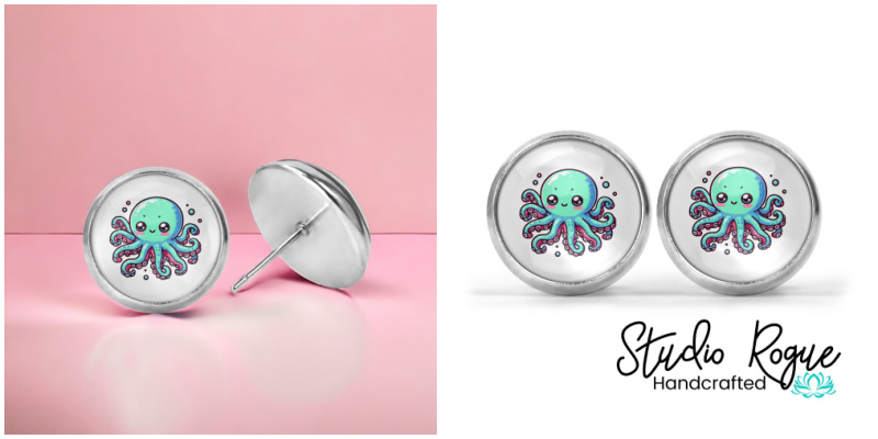Blue Octopus Image Earrings