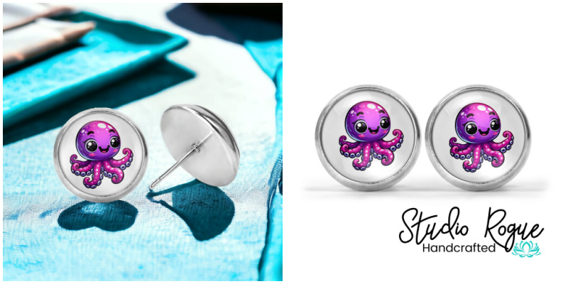 Purple Octopus Image Earrings