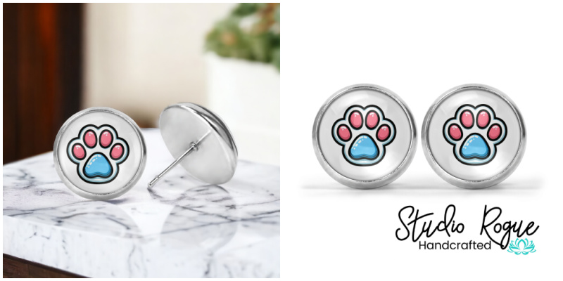 Pink & Blue Paw Image Earrings