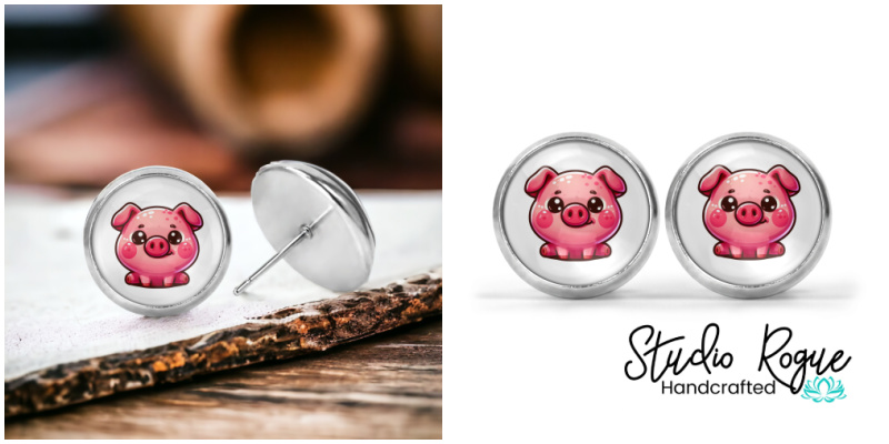 Pink Piggie Image Earrings