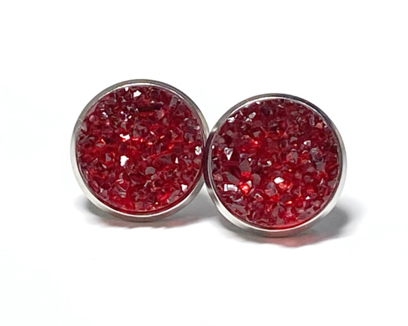 12mm Ruby Red Geode Earrings