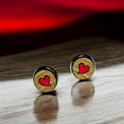 Red Painted Heart Wood Stud Earrings