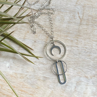 Silver Geometric Moon Long Necklace