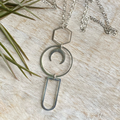Silver Geometric Hexagon Long Necklace