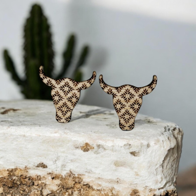 Southwestern Cow Skull Wood Stud Earrings