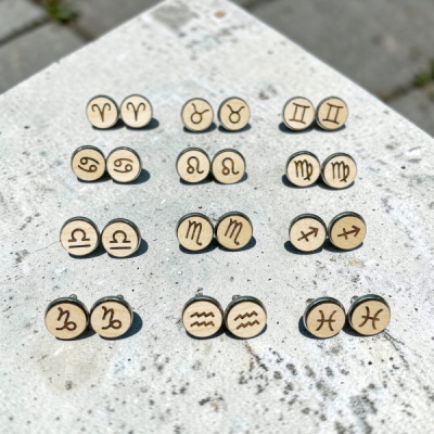 Zodiac Round Wood Stud Earrings
