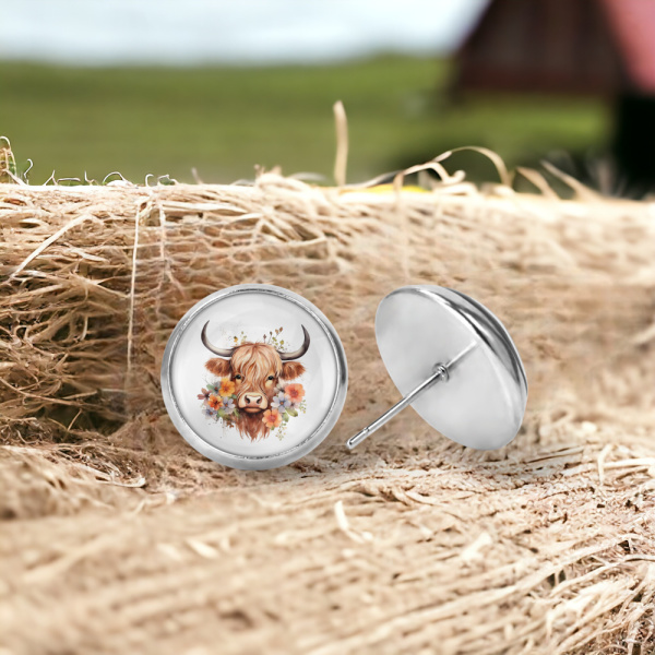Floral Highland Cow Image Earrings